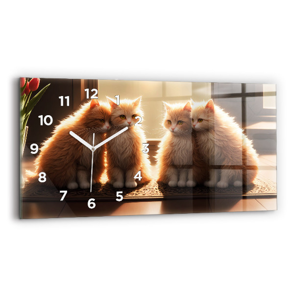 Glass wall clock rectangular Four Kittens in the Sun