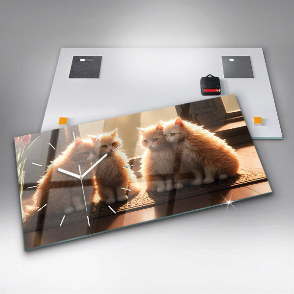 Glass wall clock rectangular Four Kittens in the Sun