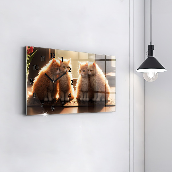 Glass wall clock rectangular Four Kittens in the Sun
