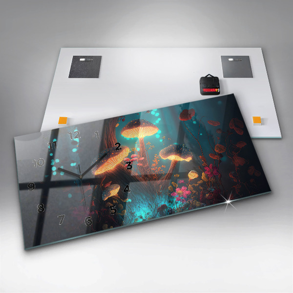 Glass wall clock rectangular Forest and magic mushrooms