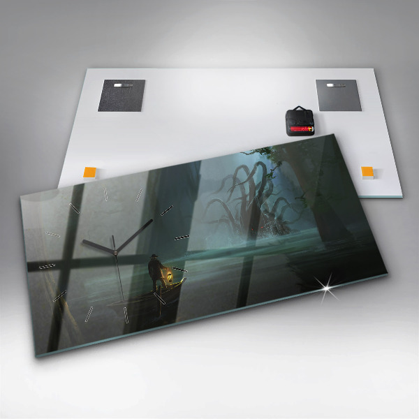 Glass wall clock rectangular Man and Monster in the Swamp