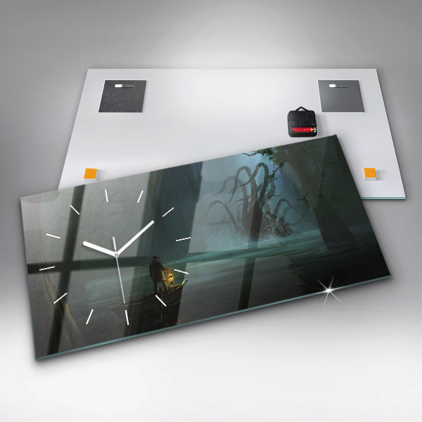 Glass wall clock rectangular Man and Monster in the Swamp