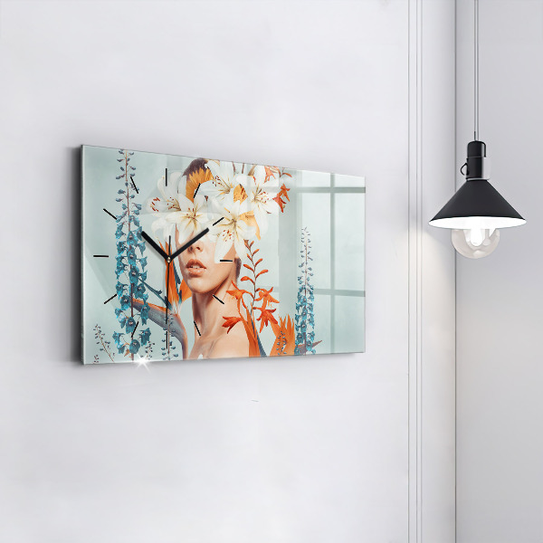 Glass wall clock rectangular Woman with flowers