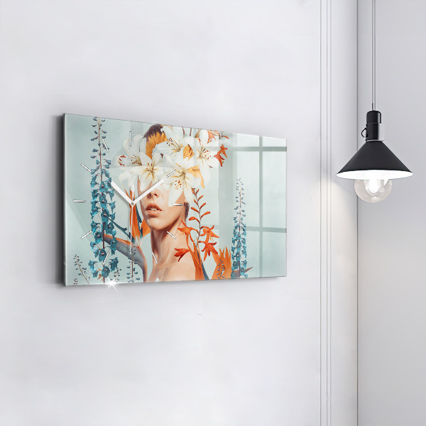 Glass wall clock rectangular Woman with flowers