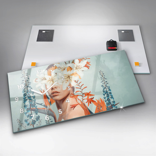 Glass wall clock rectangular Woman with flowers