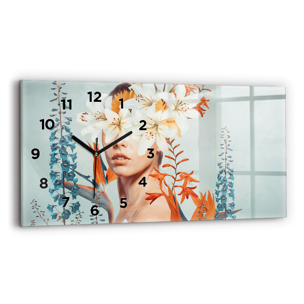 Glass wall clock rectangular Woman with flowers