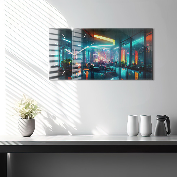 Glass wall clock rectangular Cyberpunk style city