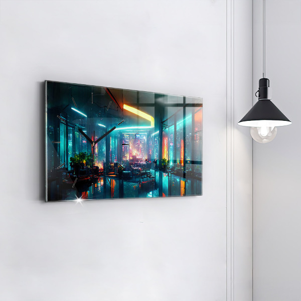 Glass wall clock rectangular Cyberpunk style city