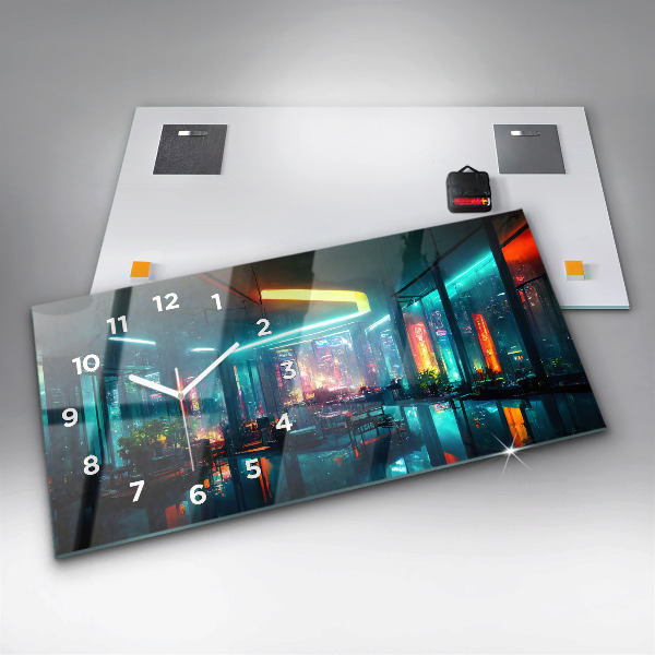 Glass wall clock rectangular Cyberpunk style city