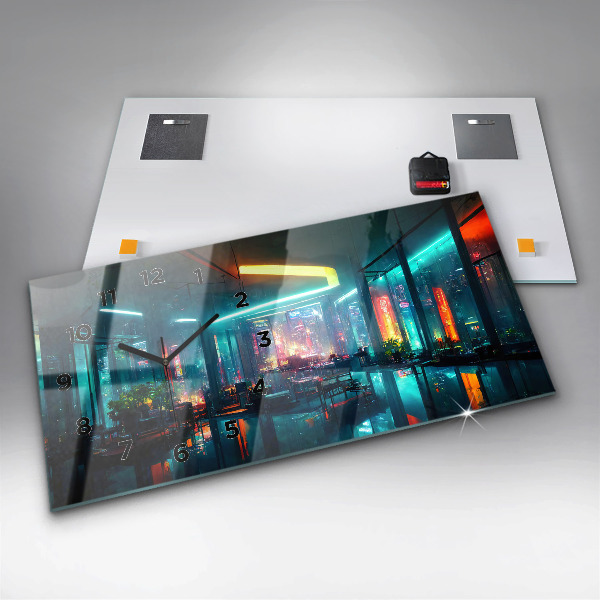 Glass wall clock rectangular Cyberpunk style city