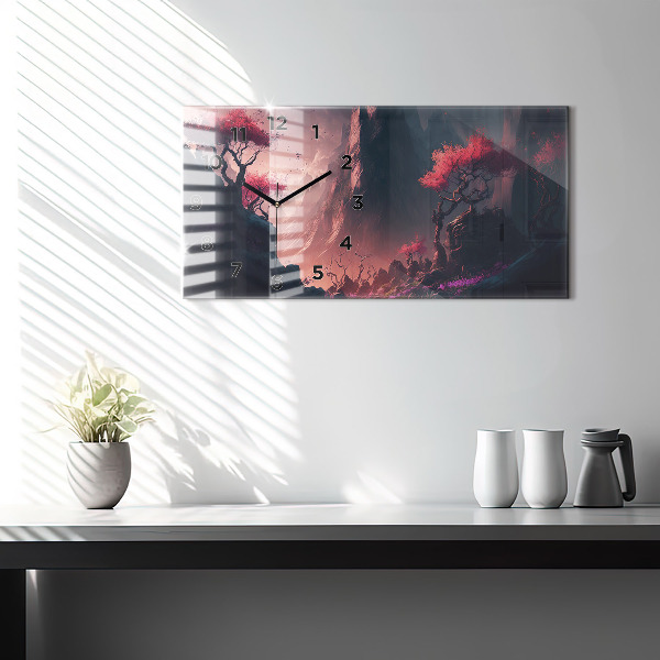 Glass wall clock rectangular Magical forest and mountain range