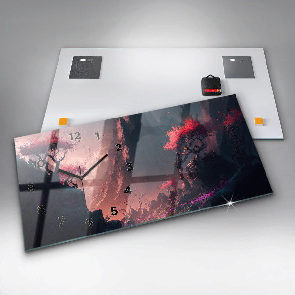 Glass wall clock rectangular Magical forest and mountain range