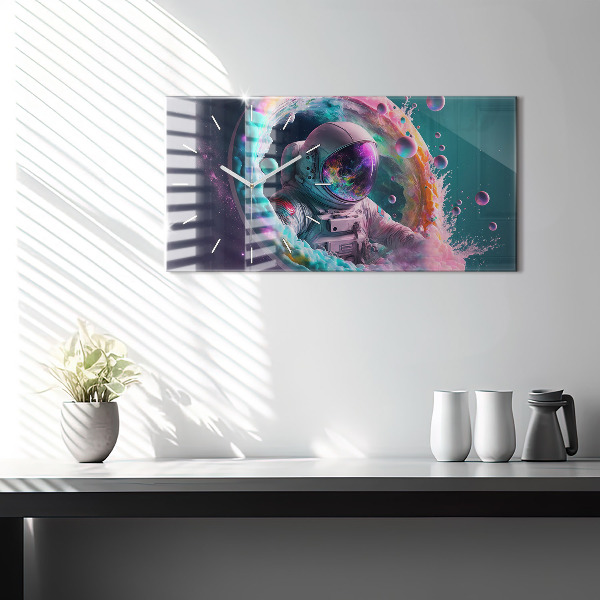 Glass wall clock rectangular Cosmonaut colorful clouds
