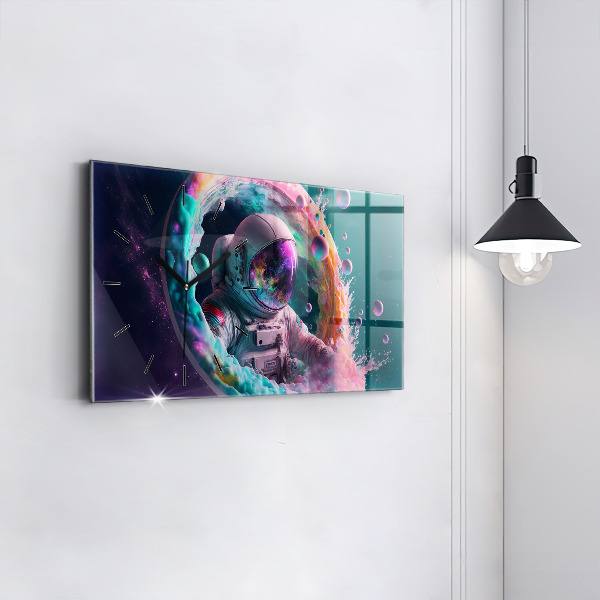 Glass wall clock rectangular Cosmonaut colorful clouds