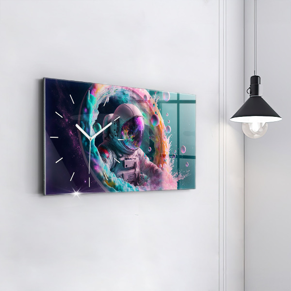 Glass wall clock rectangular Cosmonaut colorful clouds