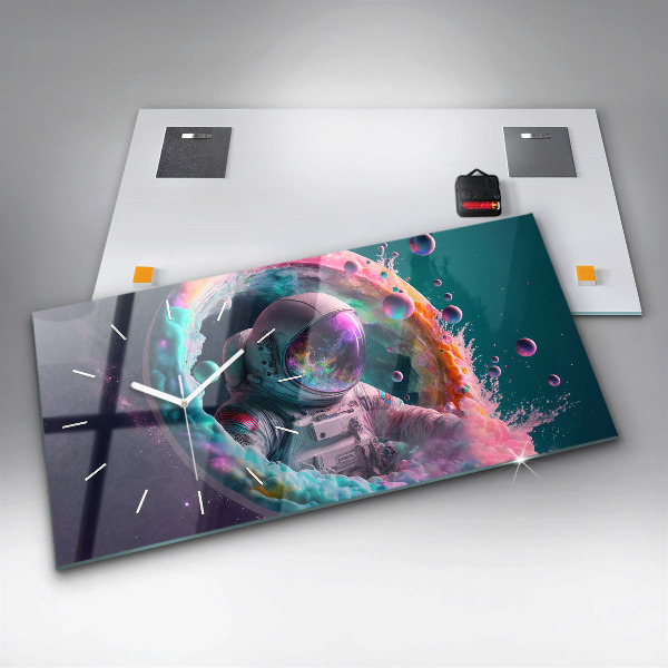 Glass wall clock rectangular Cosmonaut colorful clouds