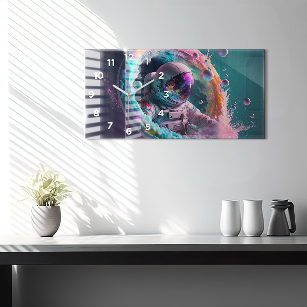 Glass wall clock rectangular Cosmonaut colorful clouds