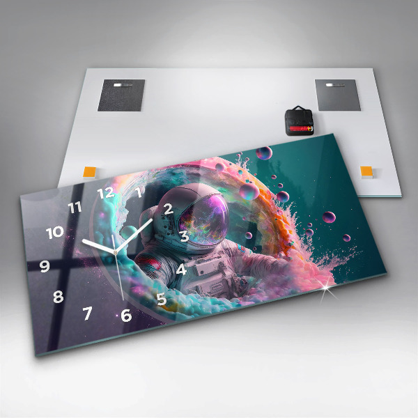 Glass wall clock rectangular Cosmonaut colorful clouds
