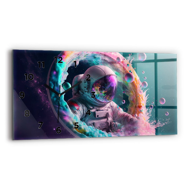 Glass wall clock rectangular Cosmonaut colorful clouds