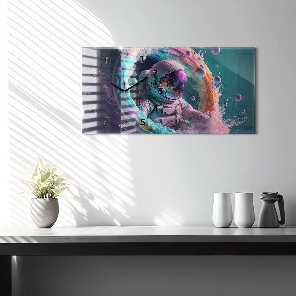 Glass wall clock rectangular Cosmonaut colorful clouds