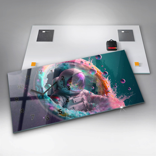 Glass wall clock rectangular Cosmonaut colorful clouds