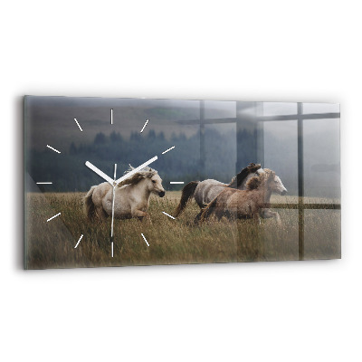 Glass wall clock rectangular Horses at a gallop