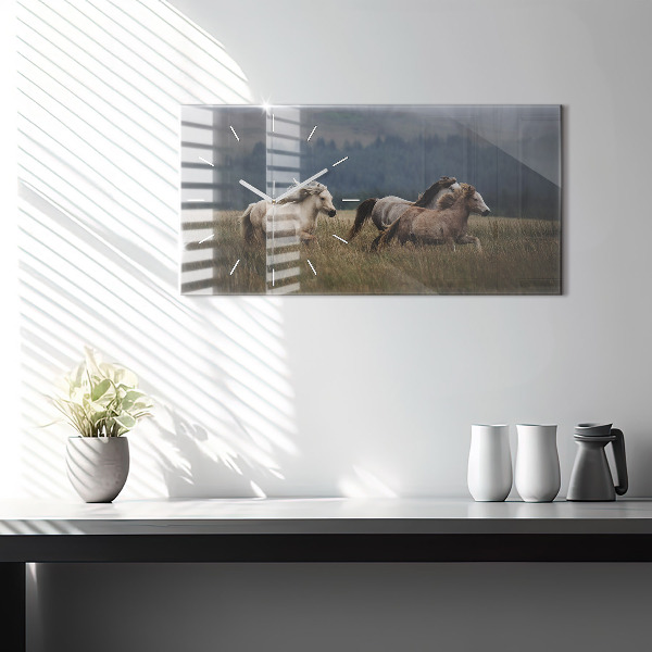 Glass wall clock rectangular Horses at a gallop