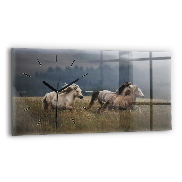 Glass wall clock rectangular Horses at a gallop