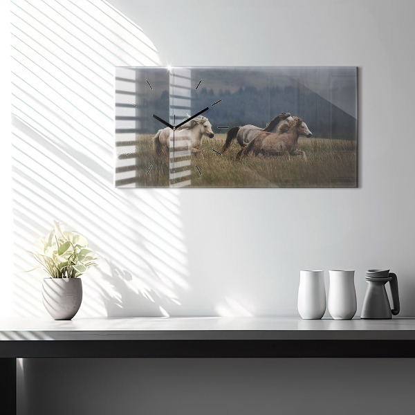Glass wall clock rectangular Horses at a gallop