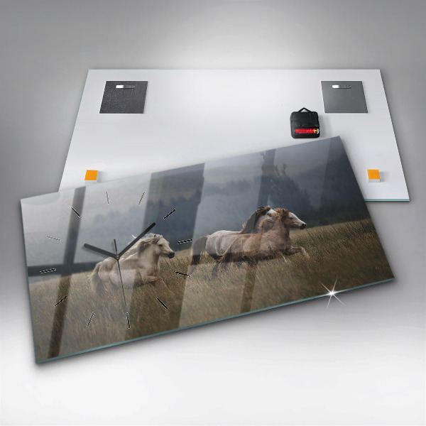 Glass wall clock rectangular Horses at a gallop