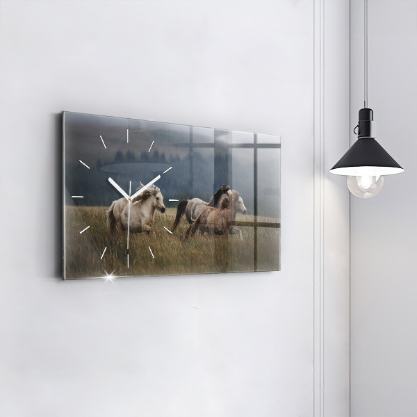 Glass wall clock rectangular Horses at a gallop