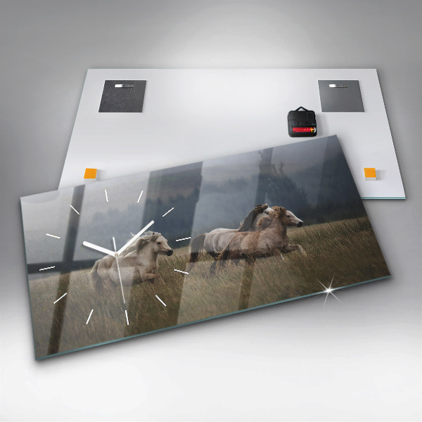 Glass wall clock rectangular Horses at a gallop
