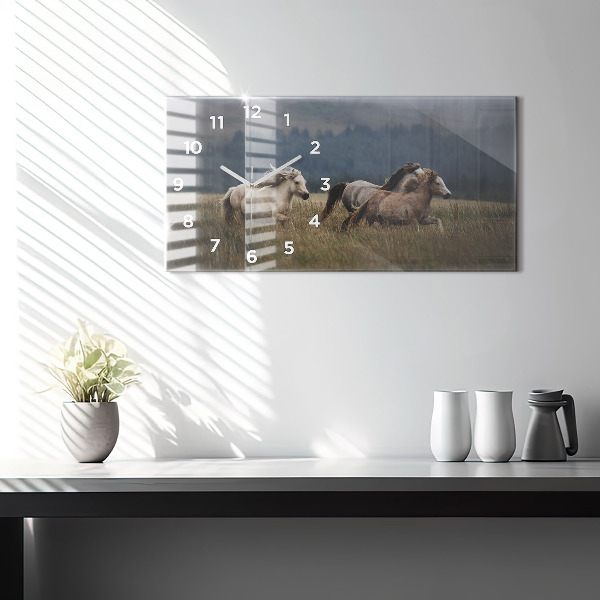 Glass wall clock rectangular Horses at a gallop
