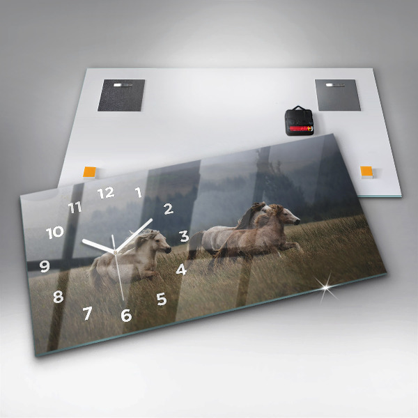 Glass wall clock rectangular Horses at a gallop