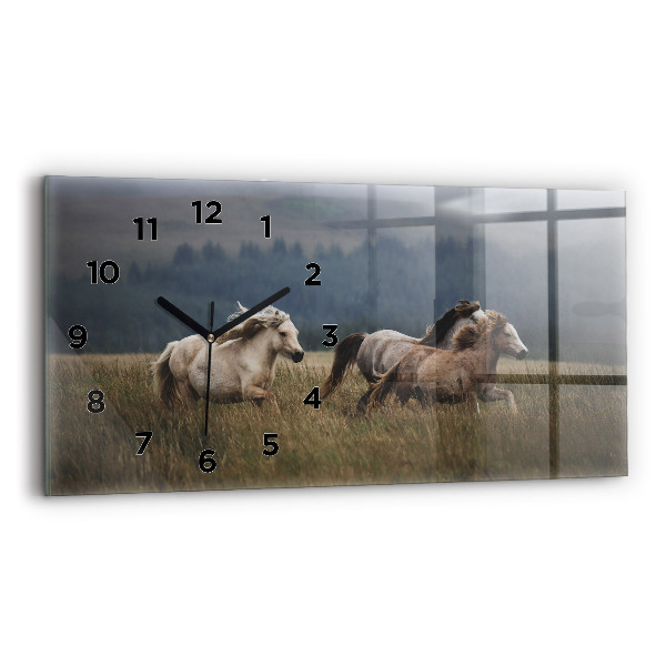 Glass wall clock rectangular Horses at a gallop