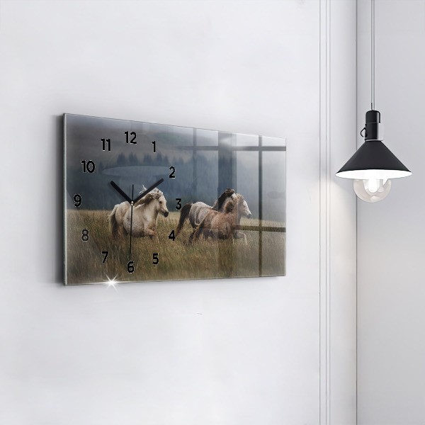 Glass wall clock rectangular Horses at a gallop