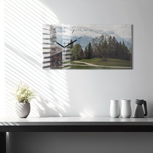 Glass wall clock rectangular Mountain view