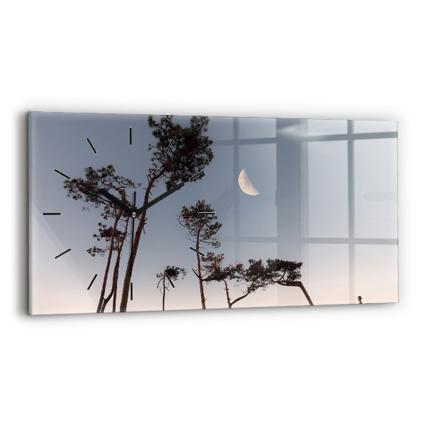Glass wall clock rectangular Crescent and trees