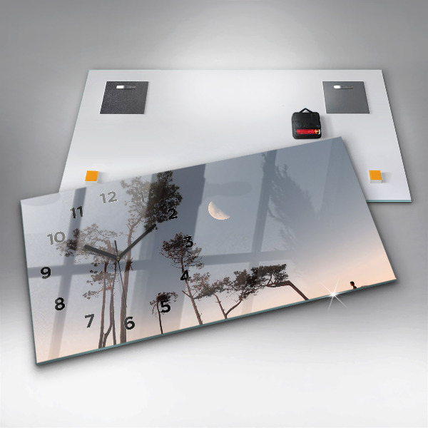 Glass wall clock rectangular Crescent and trees