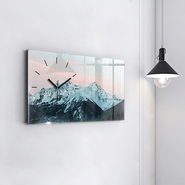 Glass wall clock rectangular Mountain range in winter