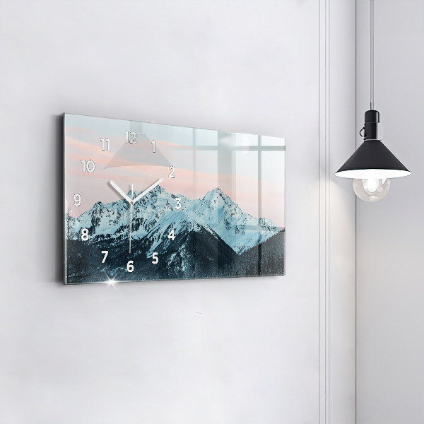 Glass wall clock rectangular Mountain range in winter
