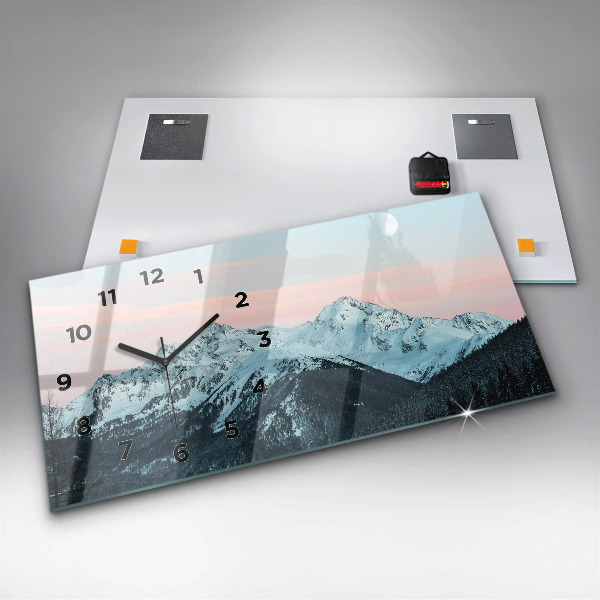 Glass wall clock rectangular Mountain range in winter