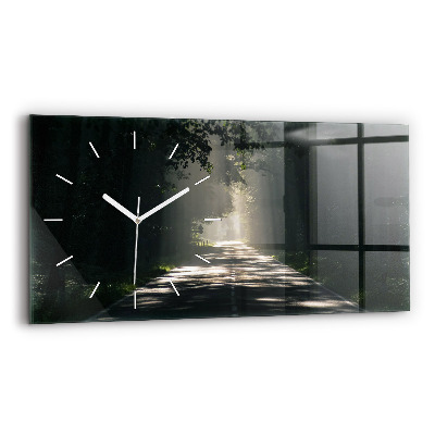 Glass wall clock rectangular Forest road and streaks of sunlight