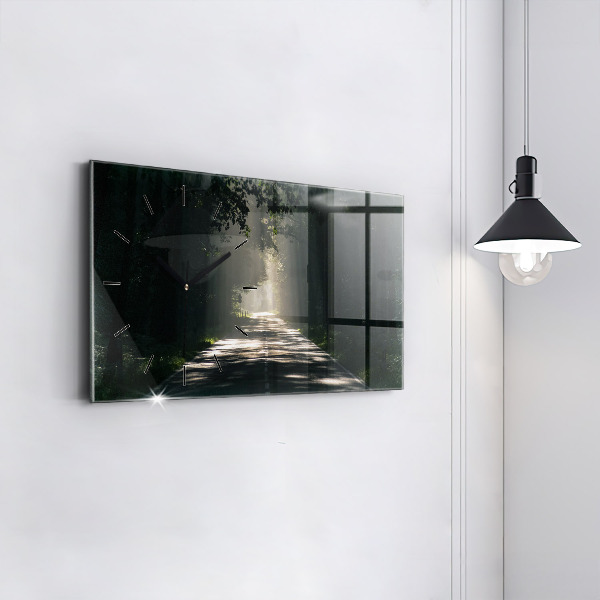 Glass wall clock rectangular Forest road and streaks of sunlight