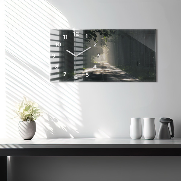 Glass wall clock rectangular Forest road and streaks of sunlight