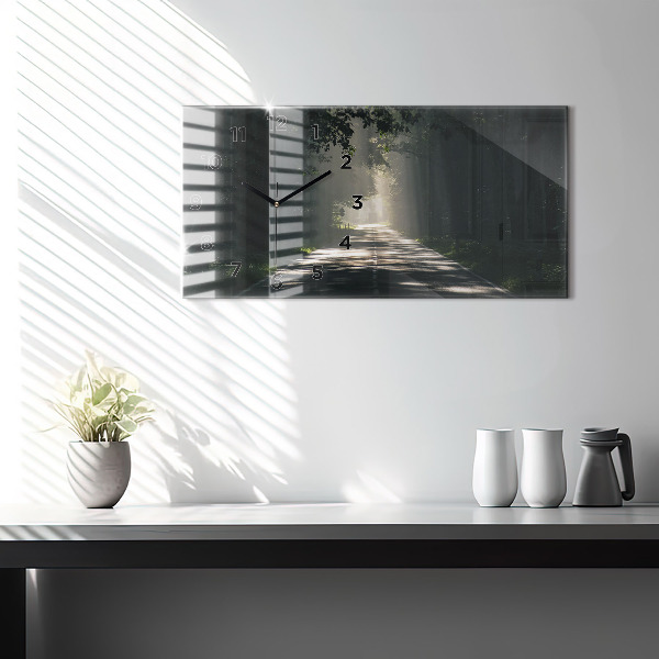 Glass wall clock rectangular Forest road and streaks of sunlight