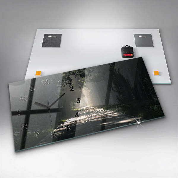 Glass wall clock rectangular Forest road and streaks of sunlight
