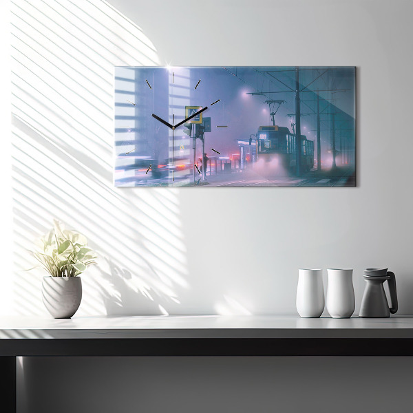 Glass wall clock rectangular Warsaw in the fog