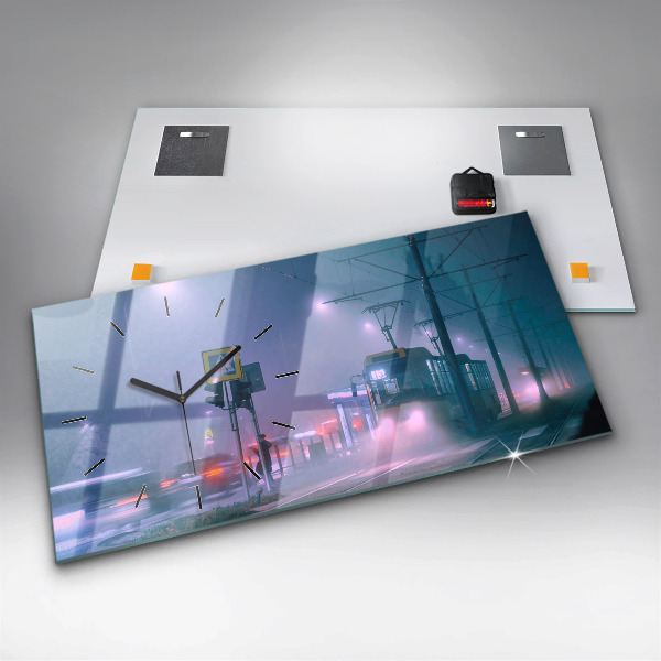 Glass wall clock rectangular Warsaw in the fog