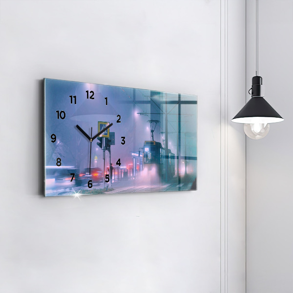 Glass wall clock rectangular Warsaw in the fog